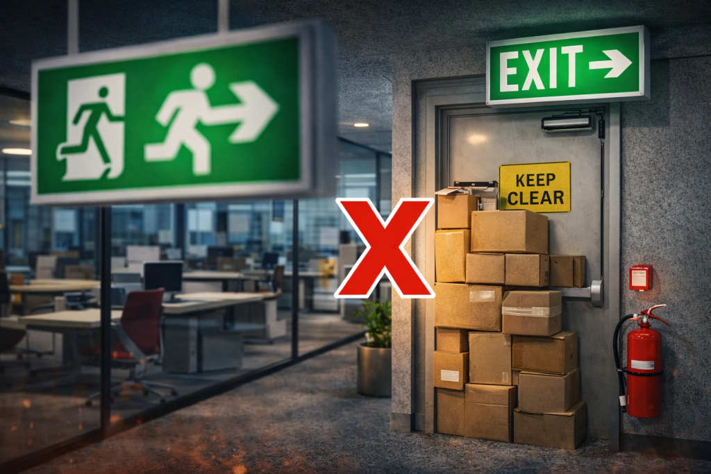 Blocked emergency exits and poor fire escape routes in commercial buildings

