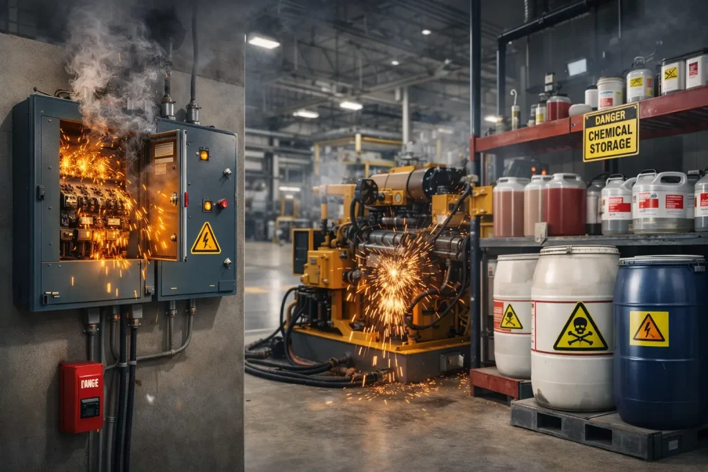 Common fire hazards in industrial facilities including electrical and machinery risks