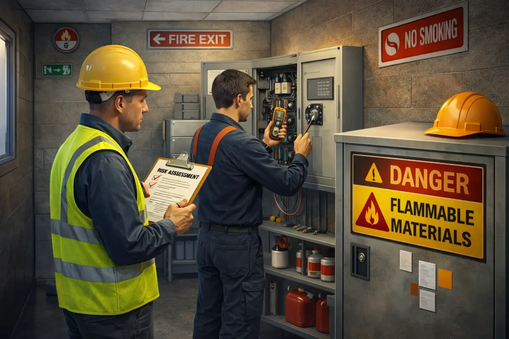 Fire prevention measures including risk assessment and electrical safety