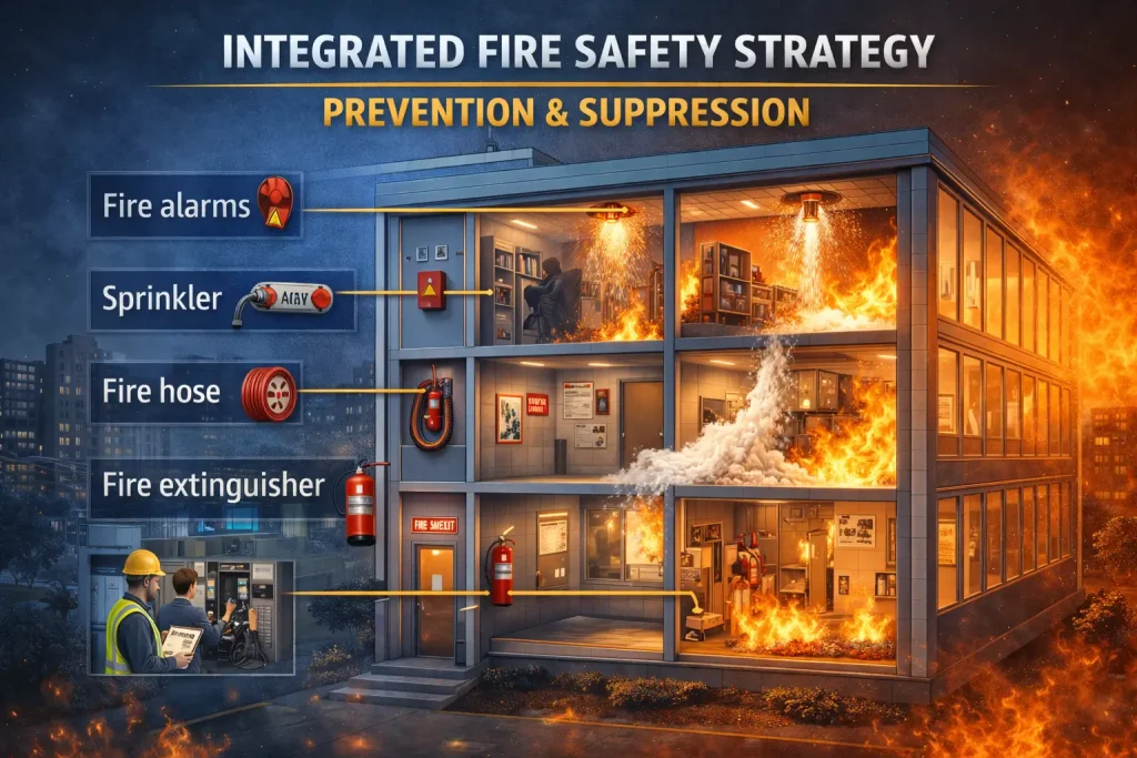Integrated fire safety strategy combining prevention and suppression