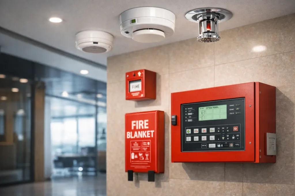 Commercial fire alarm system with smoke detectors and manual call point