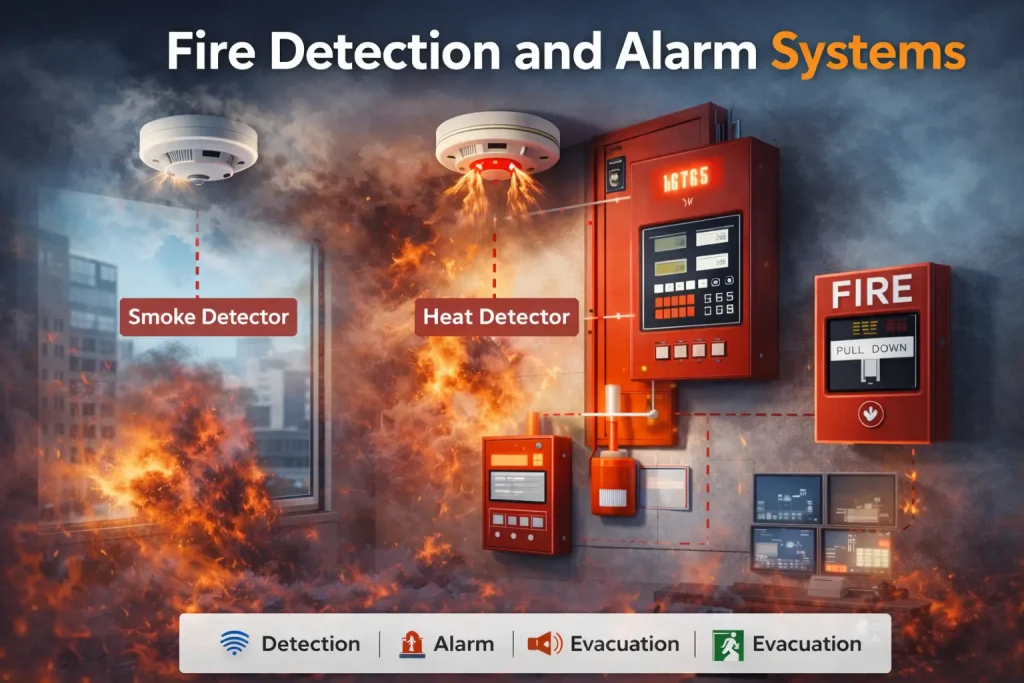 Fire detection and alarm systems with smoke heat and flame detectors 