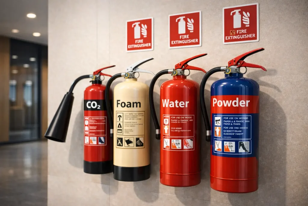 Different types of fire extinguishers used in commercial building fire safety systems 