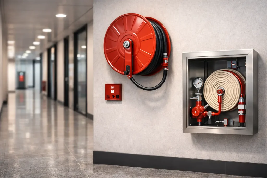 Fire hose reel and internal fire hydrant system installed in a commercial building 