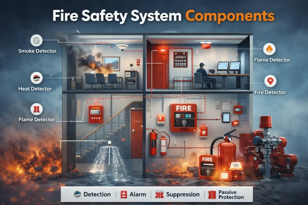 Fire safety system components including detection alarm and suppression systems 