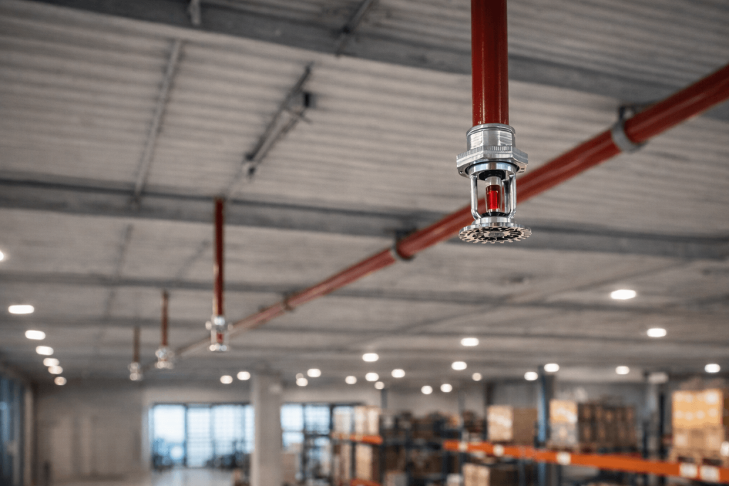 Automatic fire sprinkler system installed in commercial building ceiling